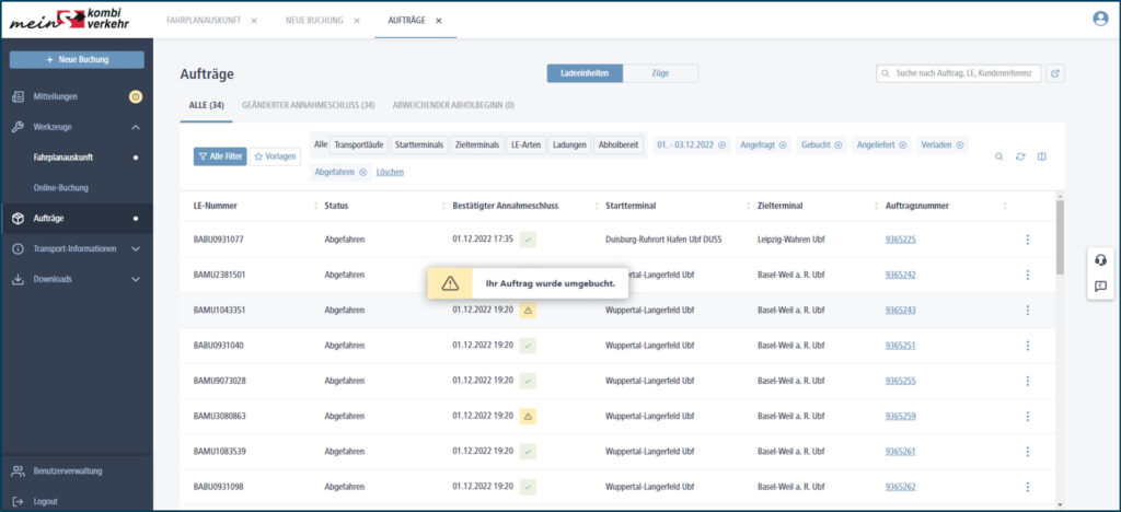 meinKOMBIVERKEHR: Die Auftragsübersicht - Umbuchung